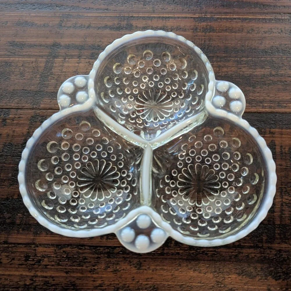 Vintage Fenton Moonstone Opalescent Hobnail Divided Candy Condiment Glass DIsh
